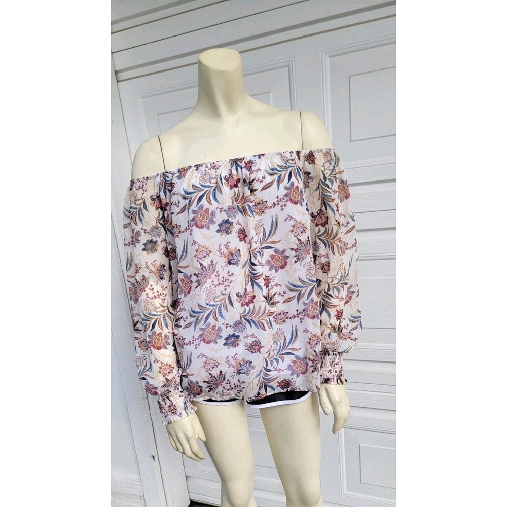 Boho Peasant Pink Rose Sheer Flowy Floral Scoop Neck Balloon Sleeve Womens L